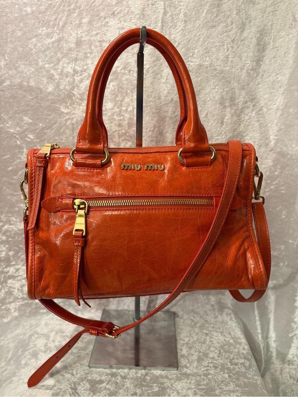 Miu Miu Vitello Shine Zippered Satchel Bag Papaya Orange COA